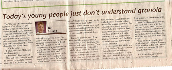 Clip of humor column--Granola Wars