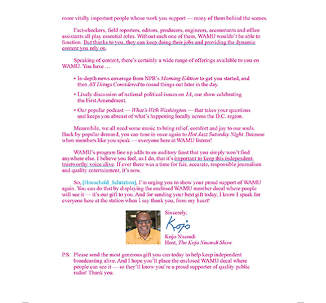 fundraising appeal letter  for WAMU, NPR station for Washington D.C. metropoitan area